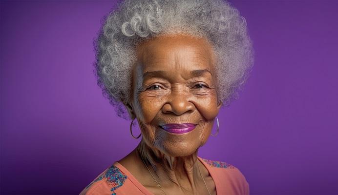 african grandmother looks at the camera and smiles on a purple background. copy space. generative ai.