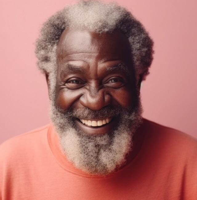 a handsome afro elderly man radiates positivity in a spirited studio pose on a pink background. generative ai